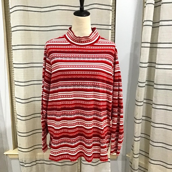 Lands' End Sweaters - Lands End Women Size 3X Relax Fit Fair Isle  Red Mock Neck Top Stripes Cozy